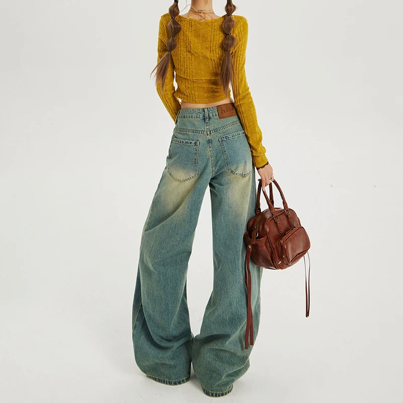 American Retro Nostalgic High-waisted Loose Wide-leg Pants Versatile Autumn and Winter Straight Jeans Women, Retro Jeans