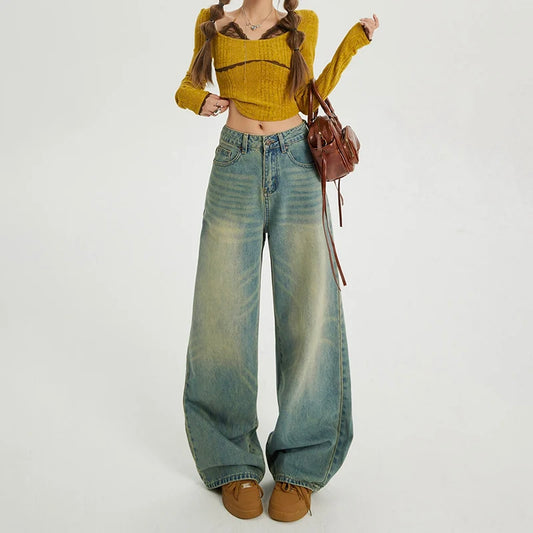 American Retro Nostalgic High-waisted Loose Wide-leg Pants Versatile Autumn and Winter Straight Jeans Women, Retro Jeans