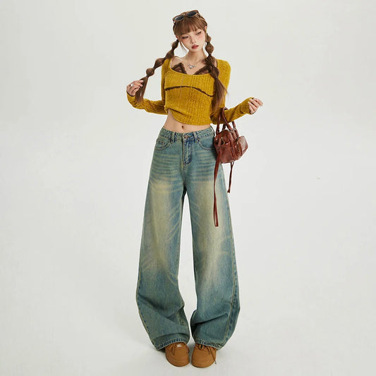 American Retro Nostalgic High-waisted Loose Wide-leg Pants Versatile Autumn and Winter Straight Jeans Women, Retro Jeans
